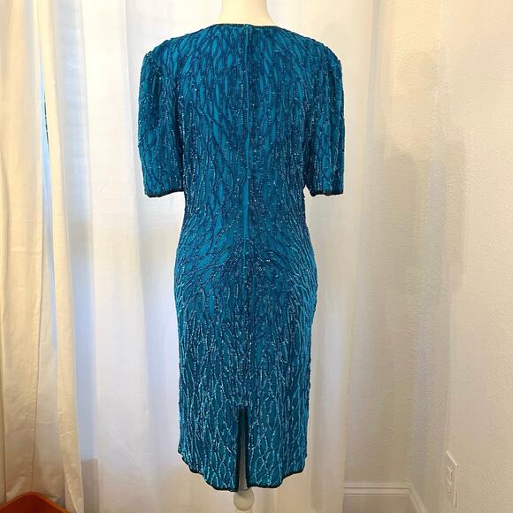 Vintage Laurence Kazar Sequin Sheath Dress L Silk Blue Beaded Party Costume 80s - Picture 6 of 16